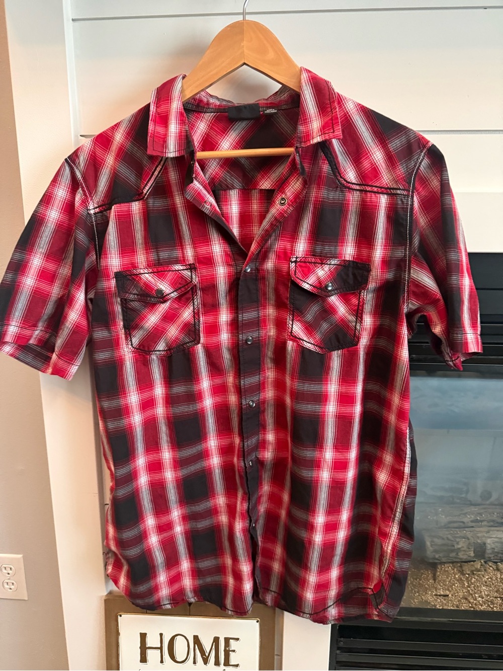 Western Men’s XL Burnside Red & Black Plaid Short-Sleeve pearl Button-Down Shirt